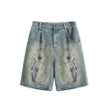 High Quality Religious Customizable Print Baggy Washed Denim Shorts For Men Jorts