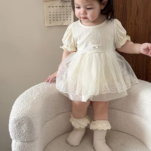 Engepapa Summer Infant Waffle Lace Dress Romper Newborn Bodysuit Embroidery Decoration Animal Short Sleeve Sweet Baby Clothes