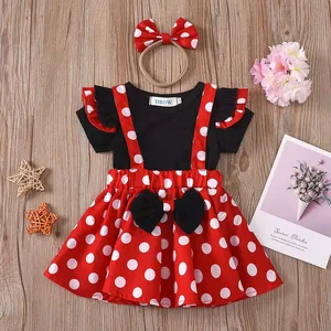 Baby Toddler Girls Ruffles Amusement Park Dress Overall Cartoon Bow Casual Polka Dot Skirt Set Playwear Outfits Clothes for Kids