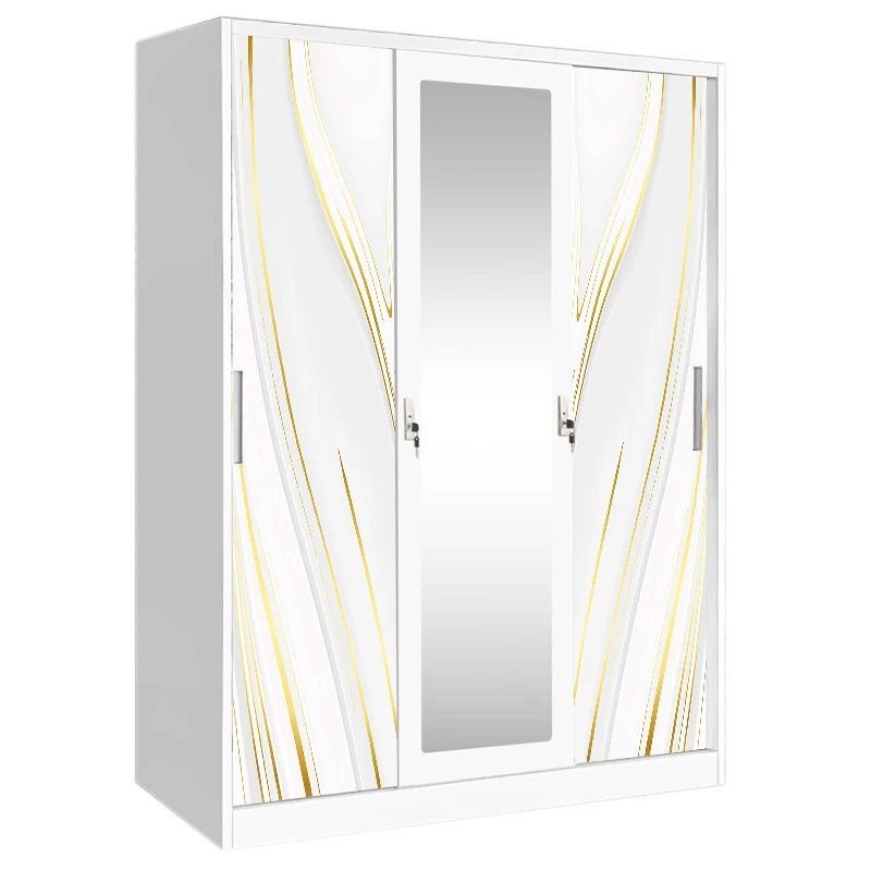 Durable Three Door Mirror Wardrobe with Steel Sliding Doors