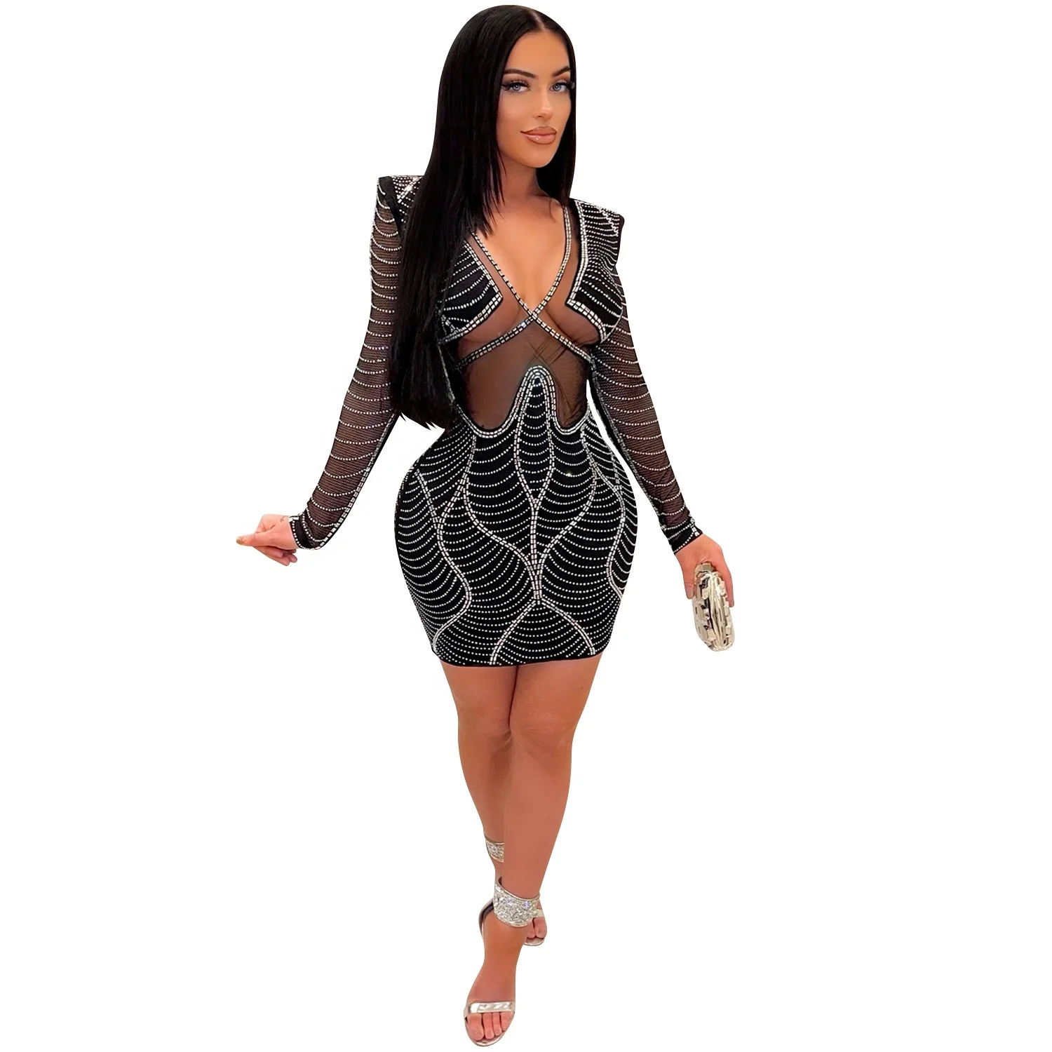 Sexy Sparkly Birthday Dress for Women Rhinestone Evening Elegant Short  Dress Long Sleeve Tight Bodycon Party Prom Mini Dress