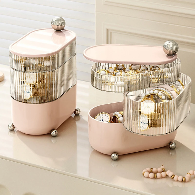360 Degree Rotating Desktop Dust Prevention Jewelry Ring Box Makeup Organizer Case With Compartment