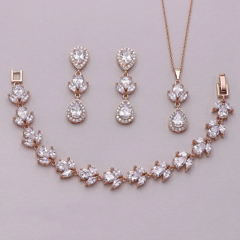 1set/3pcs Luxurious Waterdrop Shaped Pink Zircon Necklace & Earrings Set  Bridal Wedding Dress Accessories For Women