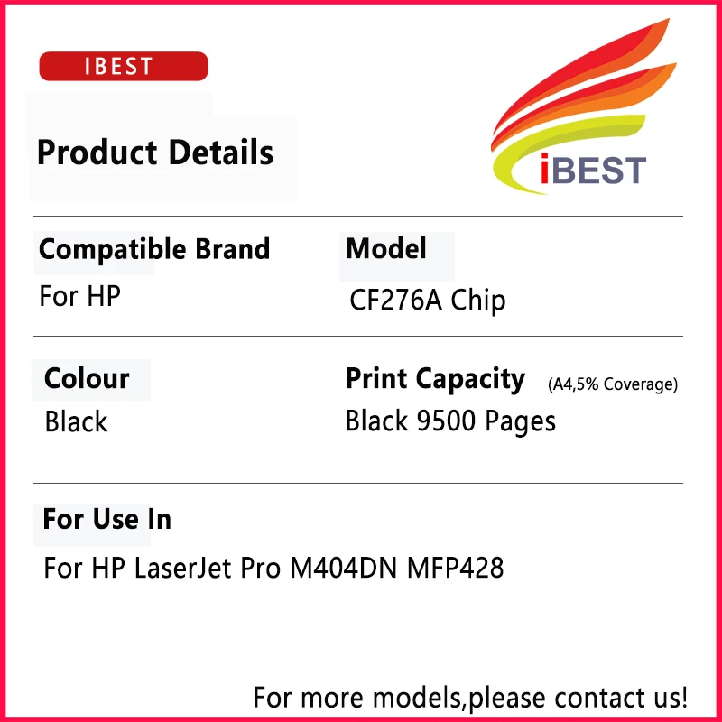 Compatible Model Toner Reset Chip HP CF276A CF276X 76A 76X HP LaserJet Pro M404DN MFP428 Toner Cartridge Chip
