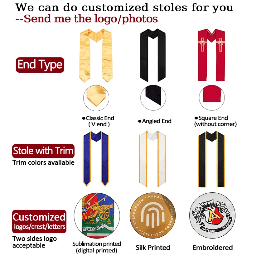 Customized DIY Printing or Embroidered 51" 60" Long Satin Custom Graduation Stole Sash with Trim