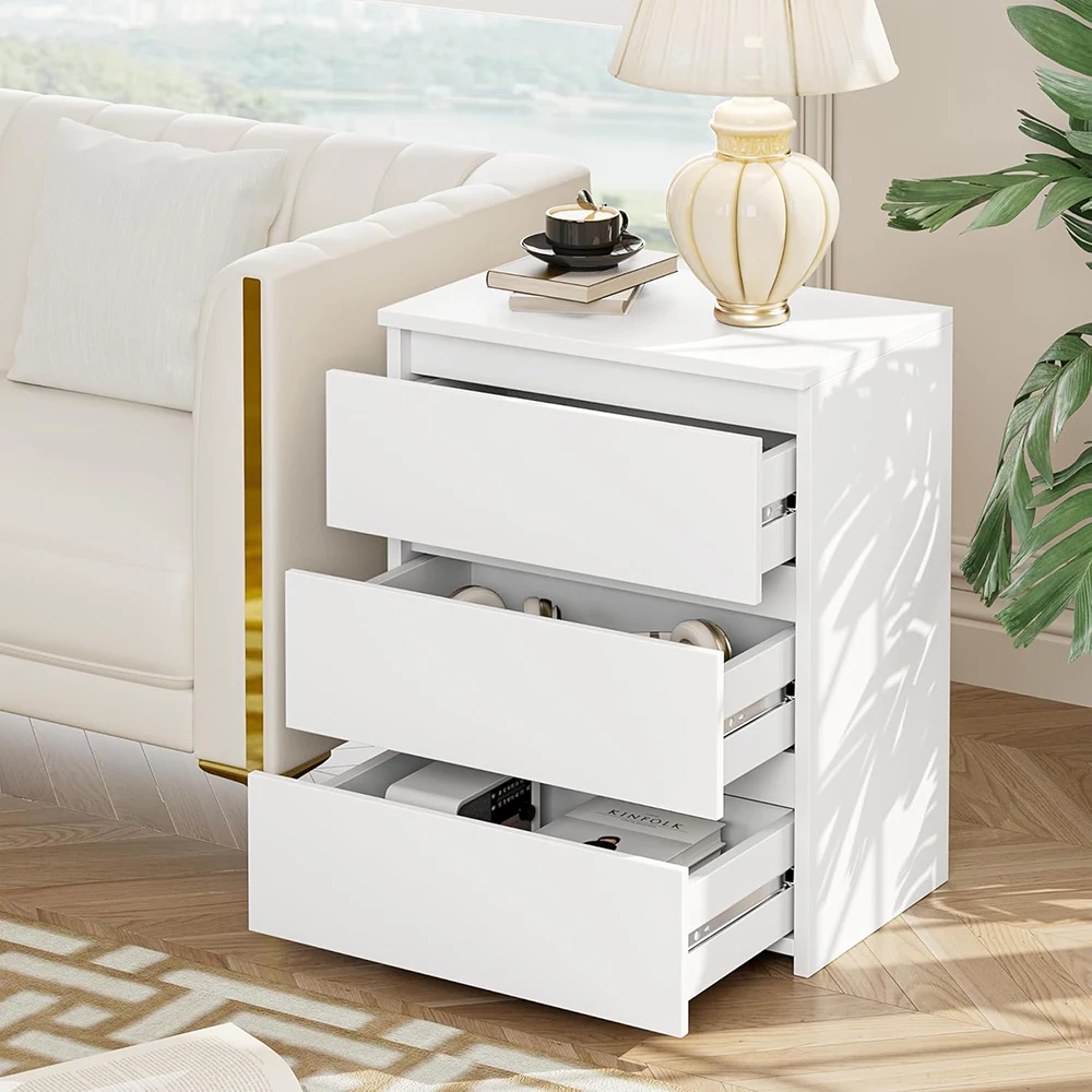 product white wooden modern 3 drawer nightstand with cut out handle for apartment bedroom sofa side table-2