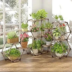 Holz 12-stufiges Outdoor-eckregal Holz-pflanzenhalter Großer Sechseckiger Leiter-blumenständer Perfekt Für Balkon Flur Garten