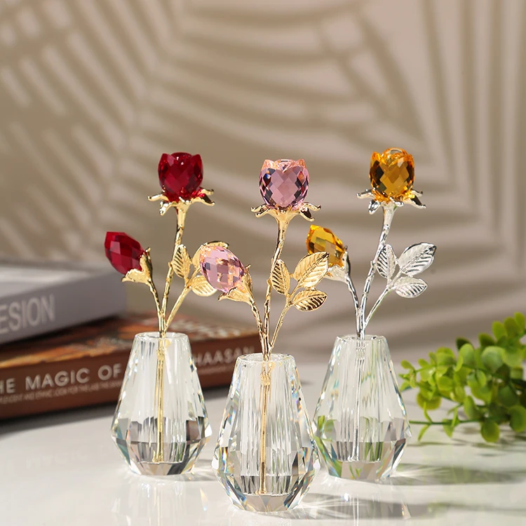 product wholesale professional factory souvenir decoration gifts wedding crystal rose with two buds for valentines day favors-43