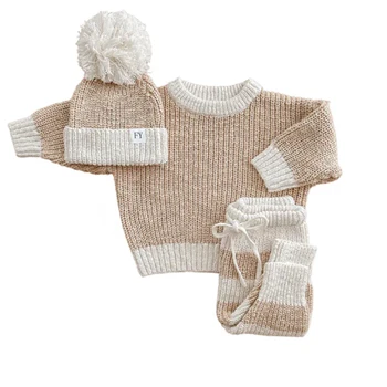 High quality Autumn and winter 3-piece set Cotton Romper Sweater Beanie Baby Knit Clothing Set