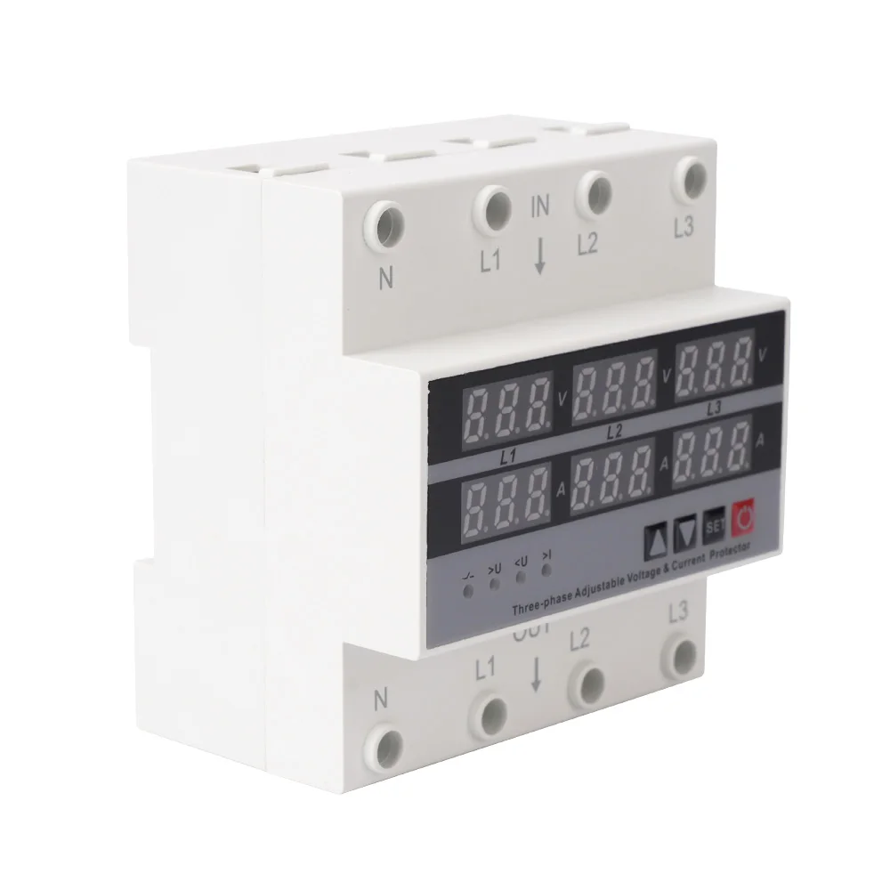 Three Phase Over Under Voltage Protector 63A Adjustable Dual Digital Din Rail Relay Surge Limit Over Current Protection