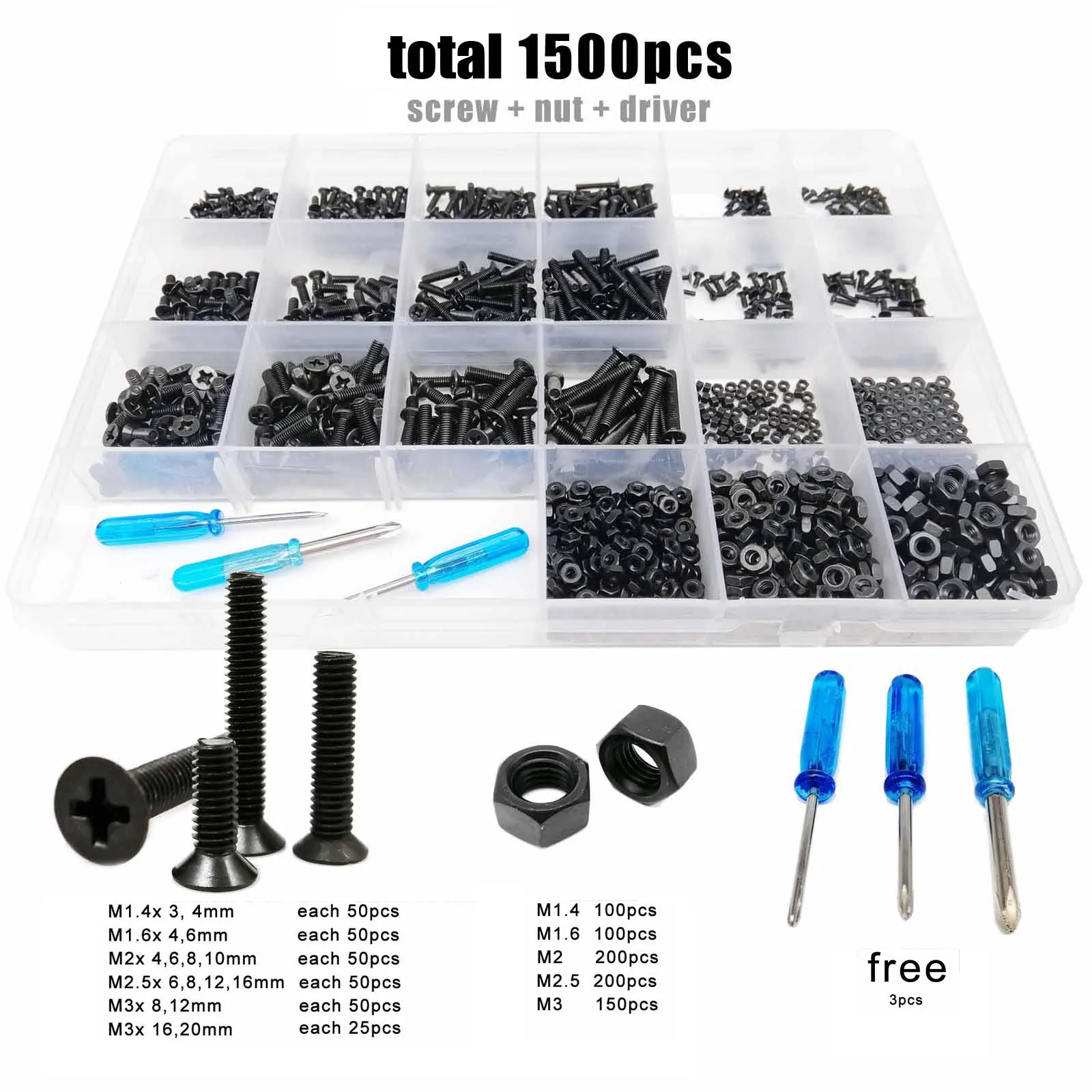 750pcs M1.4 M1.6 M2 M2.5 M3 Phillips Pan Head Small Machine Screws