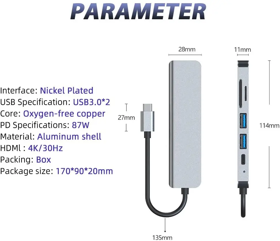 6 in 1 Type C USB C Hub 3.0 to HDMI Adapter 4K Video USB3.0 SD/TF Card Reader For PC Laptops