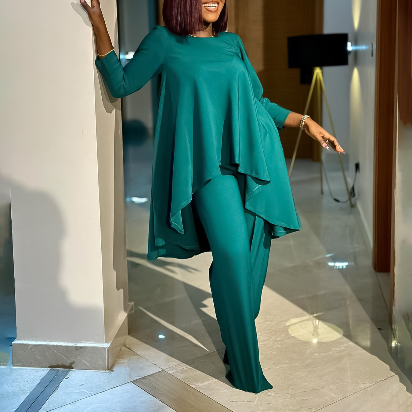D3260 Latest Design Two Piece Set Women Clothing Elegant Long Sleeved Top and Wide Leg Pants Set Two Pieces Outfit for Women