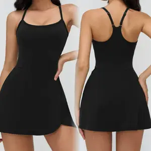 Solid Black Women Quick Drying One Piece Golf Tennis Jumpsuit with Inner Shorts Sportswear Fitness Yoga Tennis Wear