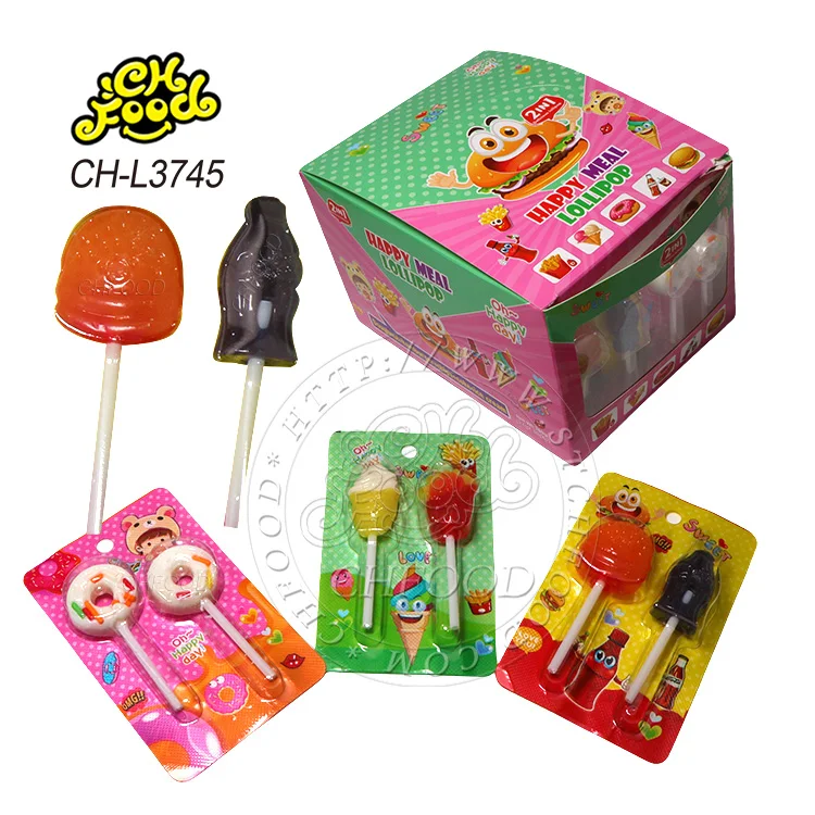 Custom Personal Label 2 in 1Doughnut Hamburger Chips Ice Cream Cola Bottle Shape Lollipop Halal Fruit Flavor Hard Candy Sweets