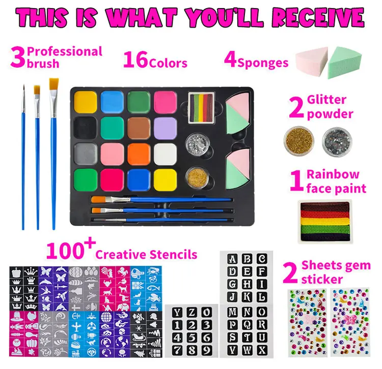  Face Painting Kit for Kids, 15 Colors Non-Toxic Water Based  Face Paint Kits, Brushes Sponges Glitters Gem Sheet Stencils Hair Chalk  Halloween Makeup Kit Professional Kids Face Paint Kit : Arts