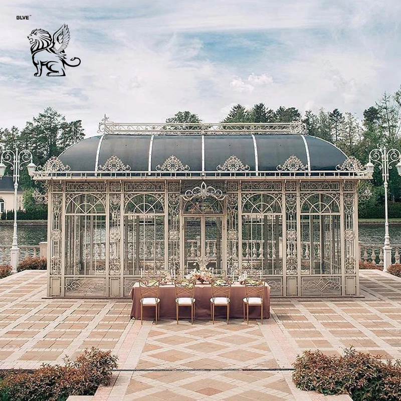 BLVE Large Custom Victorian Style Outdoor Garden Sun Room Wrought Iron Gazebo Glass Green House for Yard