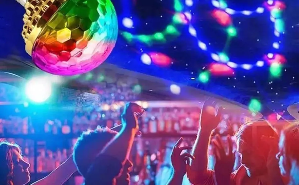 Luz de bola de discoteca rotativa colorida, lâmpada de festa de 7 cores, luz de bola mágica rotativa para decoração de festas de aniversário e natal