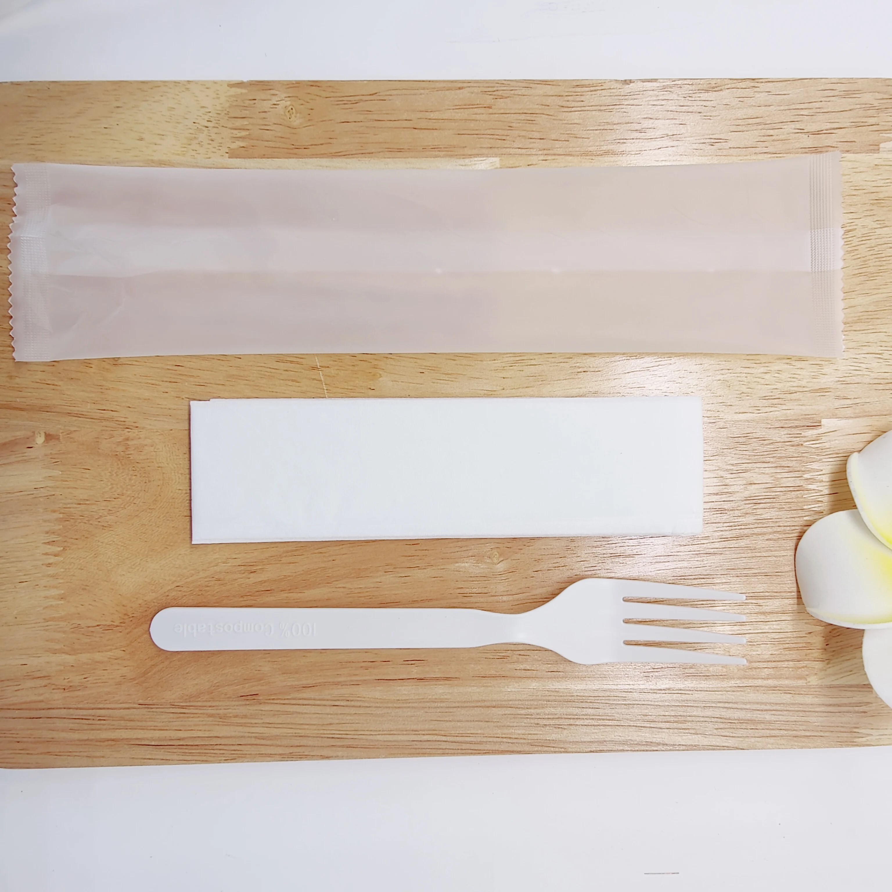 GreenWorks Wholesale Customized Wrapped Individually Compostable Plastic CPLA Forks with Biobag Printing Sets NAPKIN