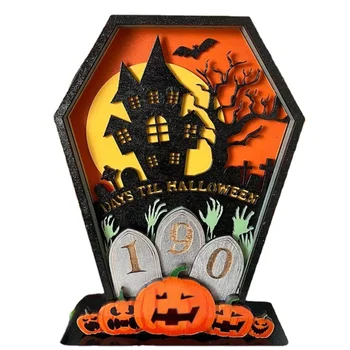 Halloween Countdown Calendar Coffin Shaped Decor DIY Moving Wooden Block/Number Halloween Cutting Three Decor Bat Ornament Wall