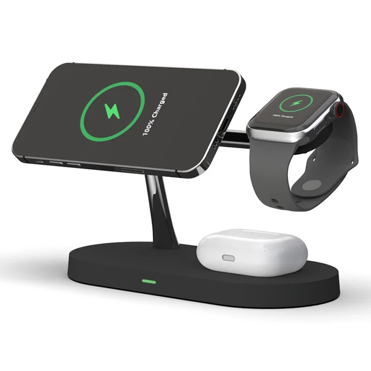 New zinc 5 in 1 magnetic 15W qi fast charging wireless charger holder for iphone 12 airpods and iwatch with LED night light