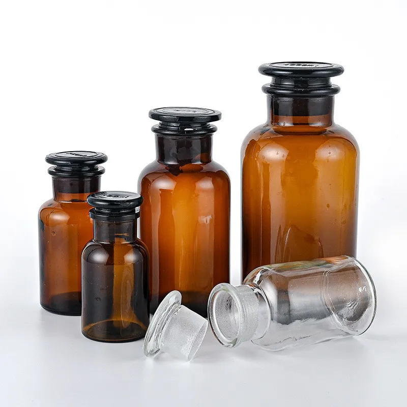 30ml 60ml 125ml 250ml 500ml Amber Glass Laboratory Pharmacy Apothecary Storage Jar Reagent Bottle with Glass Stopper