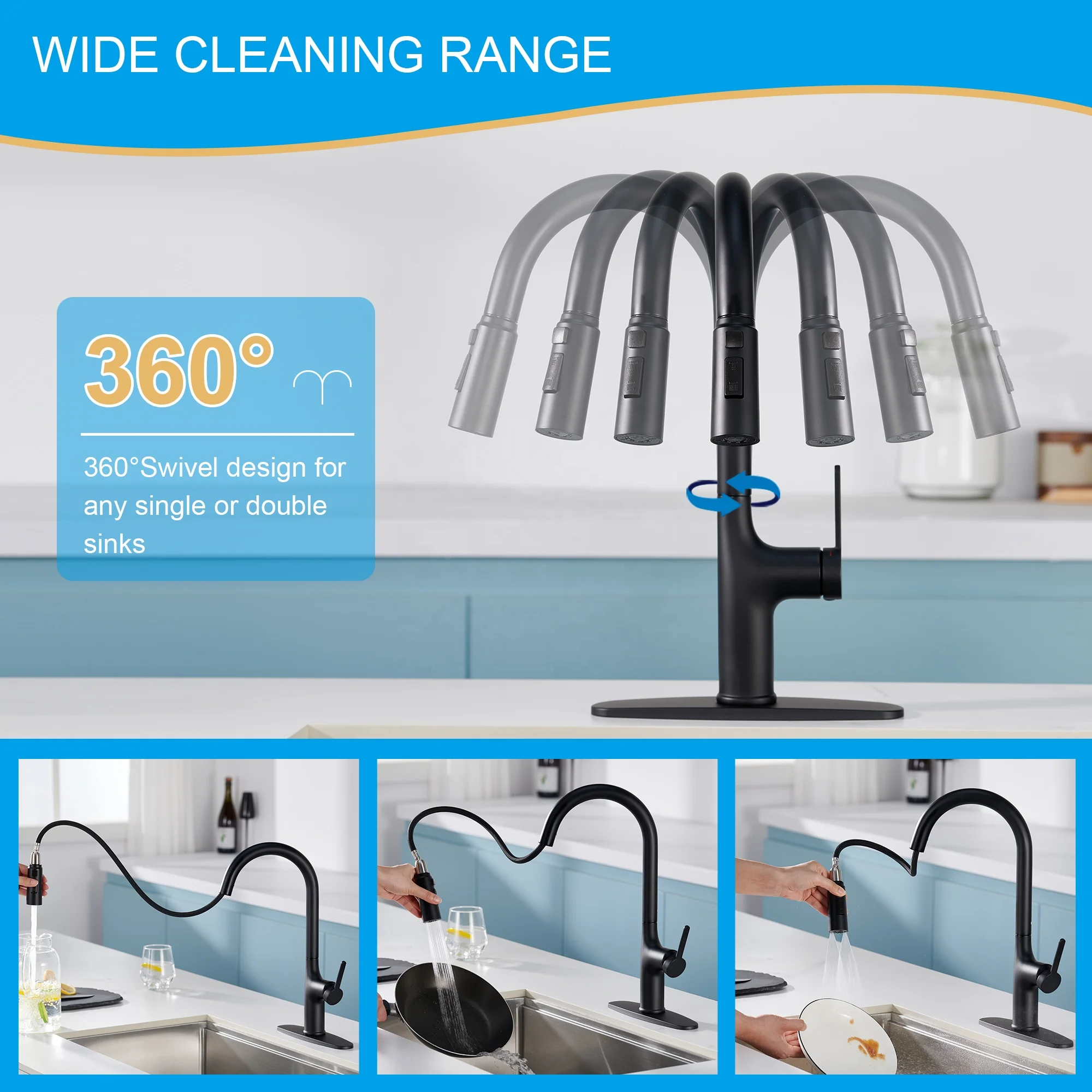 Modern Matte Black Pull Down Kitchen Faucet 360 Swivel High Arc Customizable Material & Valve Core OEM Brand Solutions