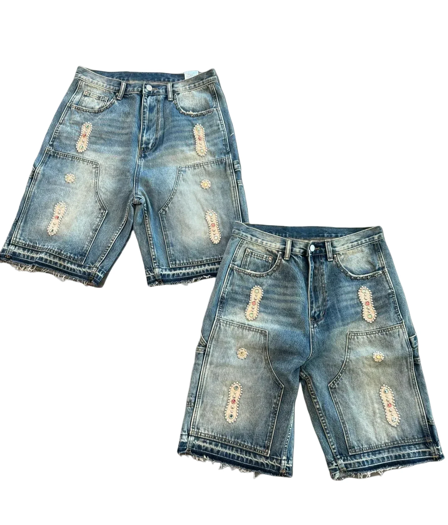 Salati Custom Design Distressed Vintage Rhinestone Acid Wash High Summer Carpenter Cargo Denim Trousers/Jeans Shorts Jorts Men