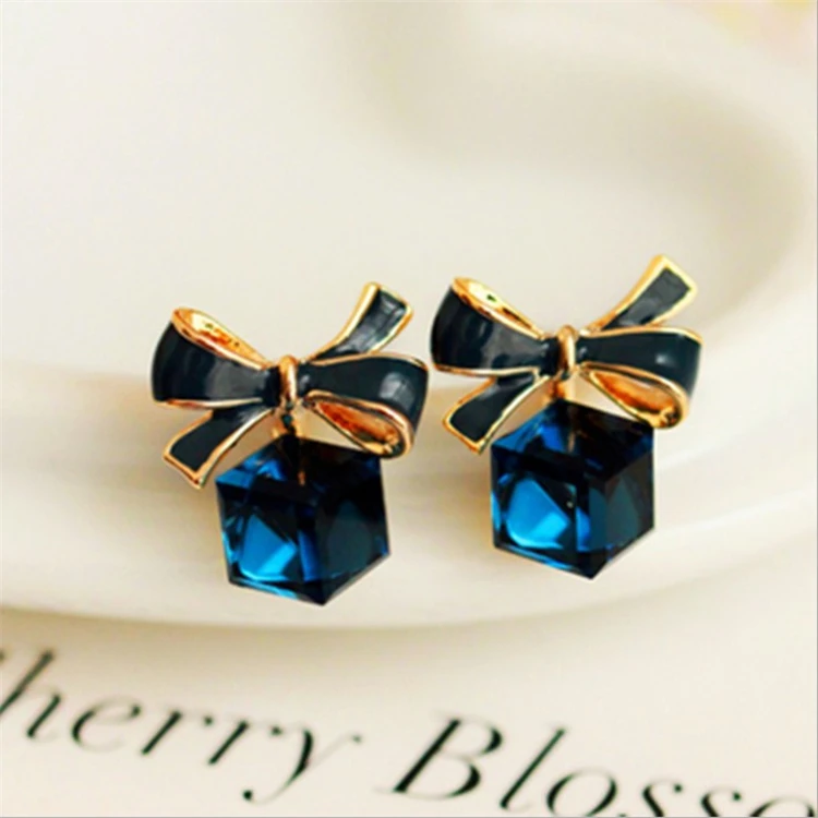 Fashion Korean Bowknot Earrings Cube Crystal Earrings Temperament All-match Women's Earrings Jewelry