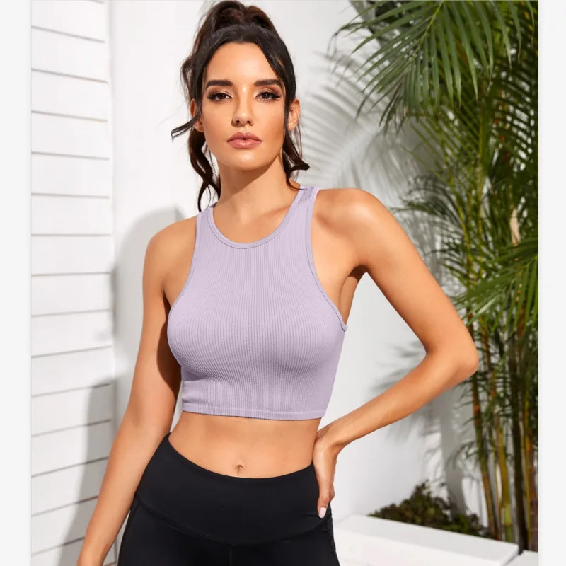 Débardeur Tank top Yoga pour femmes Débardeur sport sans manches pour femmes sans protections mammaires Débardeur lâche sans couture en maille pour la forme physique des femmes