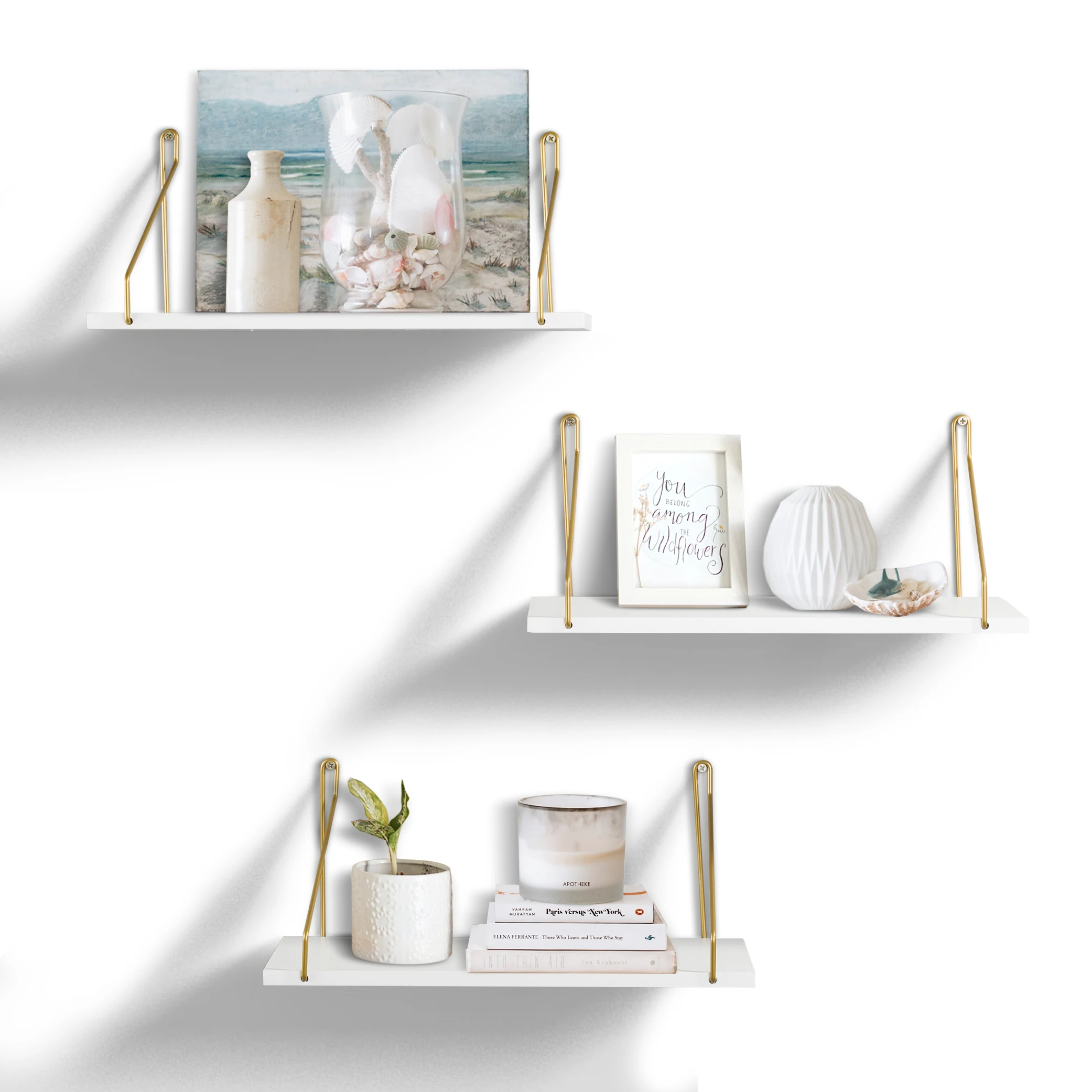 Unique Rustic Modern Floating Hanging Wooden Wall Shelf Storage 3 Shelves Set Decor Wall Mounted With Hanging