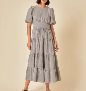 Women's Elegant Checkered O-Neck Casual Dress with Puff Sleeves OEM/ODM Service Available