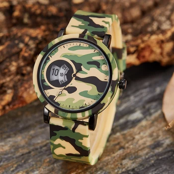 Camouflage Casual Sports Style Quartz Watch Men Case Glass Dial Window Water Resistant Trendy Silicone Tape Personalized