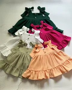 Customized Summer Soft Chiffon Pleated Dress Solid Color with Cute Print Decoration for Small Size Baby Girls for Children