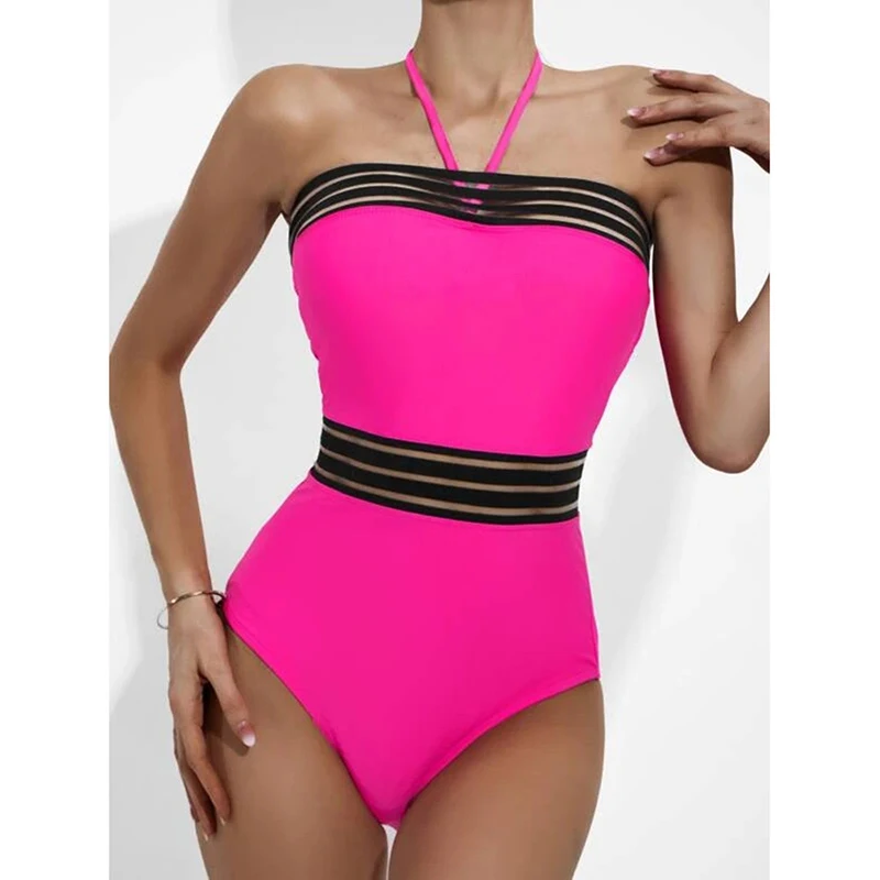 Women Solid Color Bathing Suits Swimsuit Beachwear Mesh Swimwear Vintage One Piece Bikini 2023