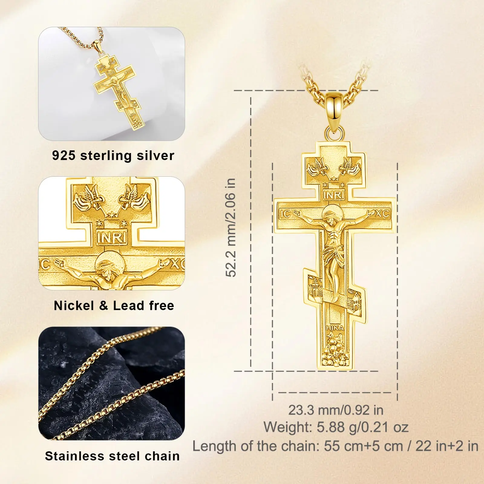Collana e portachiavi con croce ortodossa russa d'epoca, crocifisso cristiano di Gesù, croce