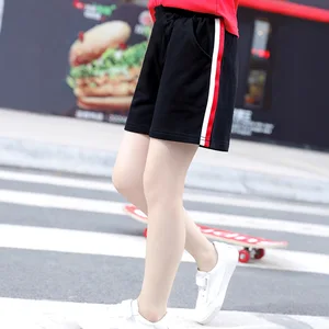 Summer New Girls Elastic Waist Red Striped Casual Outer Sports Shorts Breathable for Middle and Large Children