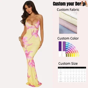 Women's Casual Summer Vacation Dress Elastic Mesh Digital Floral Print Fully Lined Spaghetti Strap Back Hollow Detail Sweet