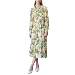 Custom High Quality Spring Summer  Ladies Summer Polo V Neck Print Elegant Bohemian Long Sleeve Casual Midi Shirt Dresses