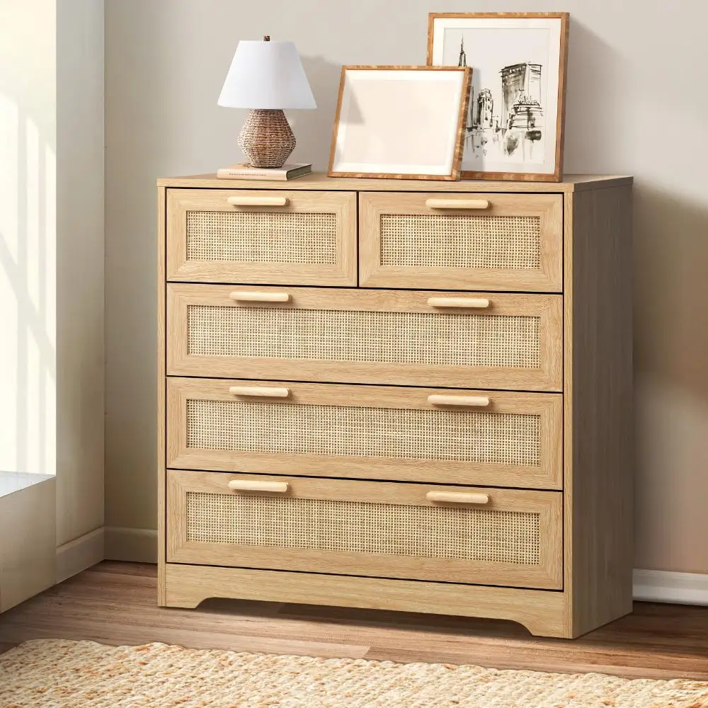 Japanese Rattan Front Chest of Drawers Wooden Storage Sideboard with 5 Drawers for Living Room
