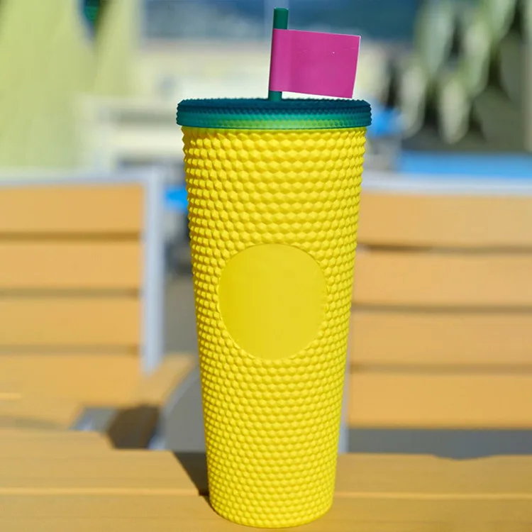 2021 Hot Sale Insulated Water Cups Colorful Double Wall Plastic Cups Reusable Studded Gold Pineapple Tumblers With Lid and Straw