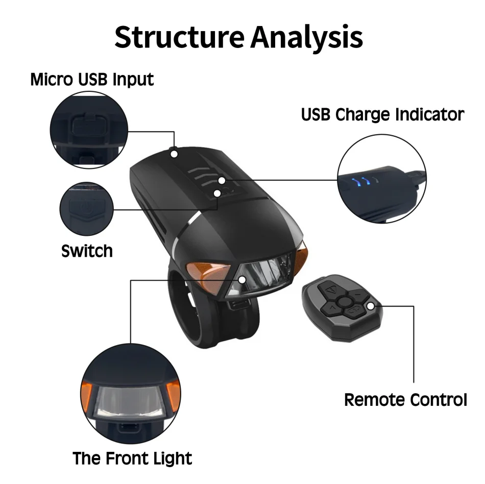 RTS Bicycle Front Light USB Rechargeable Led 120dB Horn Siren Wireless Remote Control Bike Light Alarm