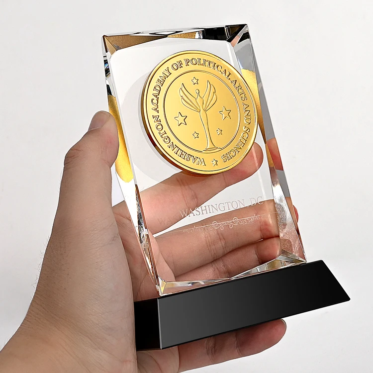 Shining Crystal Glass Trophy Customized Glass Metal Coin Awards Engraved logo Sublimation Trophy