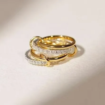 Cross-Border New Brass Ring Gold Plated Cubic Zirconia Interlocking Two-Color Multi-Element Fine Wedding Engagement Gift Cut