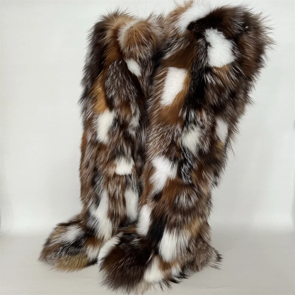 70cm Over Knee Thigh High Fox Fur Boots Real Fur Tall Boots for Women