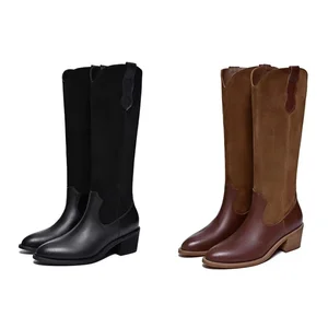 OEM/ODM Women Knee High Cowboy Boots Suede Leather Western Riding Boots Vintage Style Chunky Heel Cowgirl Shoes