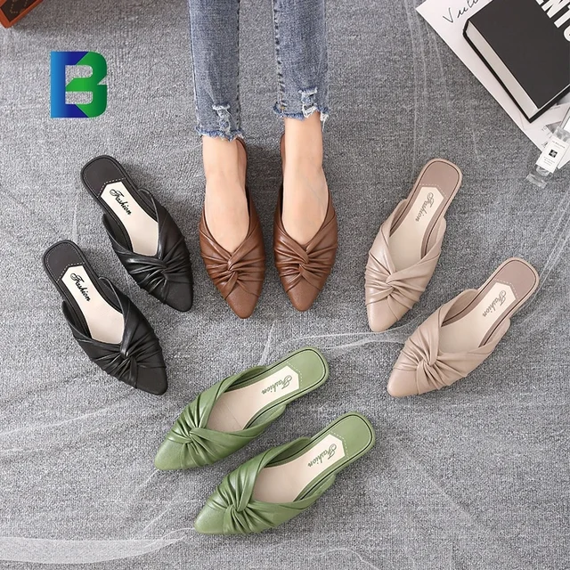 fashion new women PVC sandals pure color striped pointed slippers High -heeled outdoor leisure shoes Baotou half drag slippers