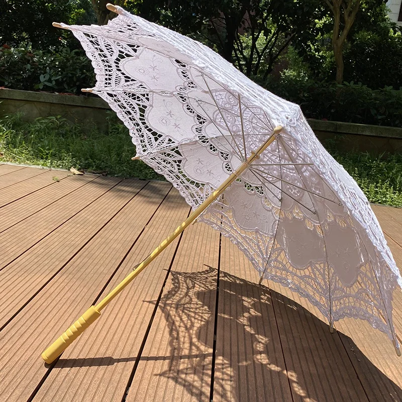 Vintage Lace Wedding Parasol - White Elegant Umbrella With Long Handle For Photography