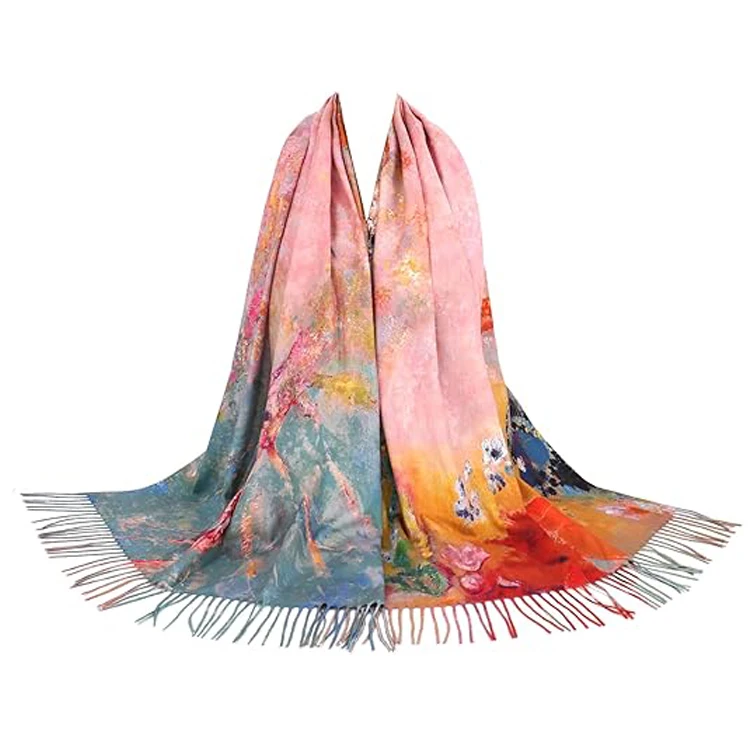 Reversible Winter Pashmina Scarf-Double-Sided Cashmere Feel Shawl Wrap Monet Van Gogh Art Printing Durable Windproof Women's