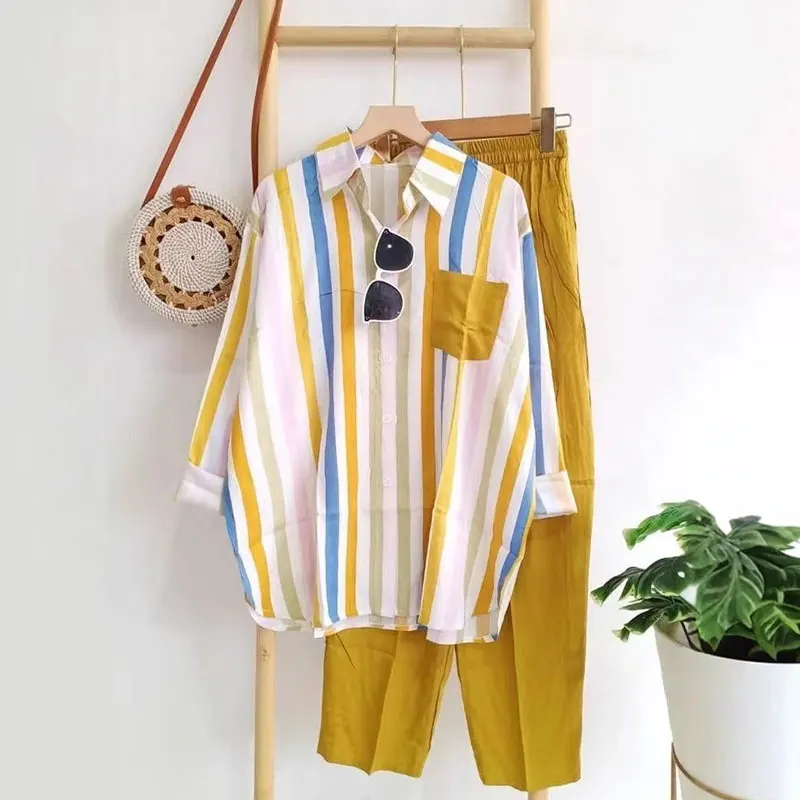 Set Striped Pikeun Wanita Musim Panas Set Casual Lengan Panjang Celana Set 2 Piece